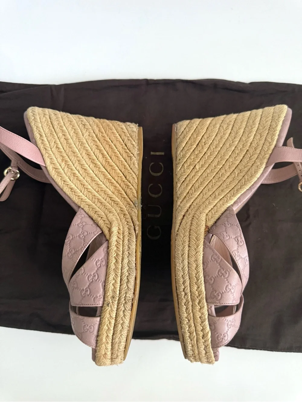 Gucci Blush Pink Guccissima Leather Wedge Espadrille Sandals